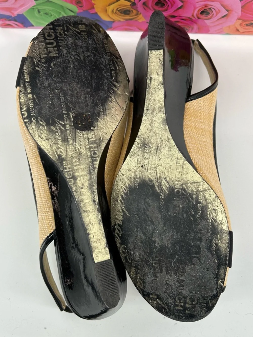 Beverly Feldman Black and Natural Slingback Peep-Toe Wedges with Bow